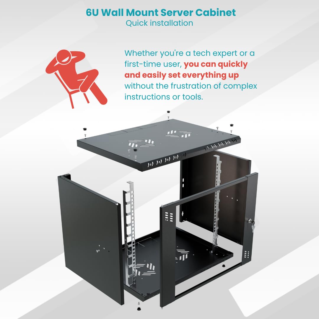 Armadio di Rete 19 Pollici - Armadio Rack 6U - Server Rack per Montaggio a Parete - Capacità di Carico 40 kg - Profondità 450 mm - Rack 19 Pollici - Nero