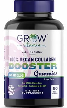 grow vitamin Collagen Booster Gummy Bears Hair, Skin, Nails & Joint Support USDA Organic, 100% Vegan & Non-GMO Strawberry Flavored, 60 Vegan Gummies