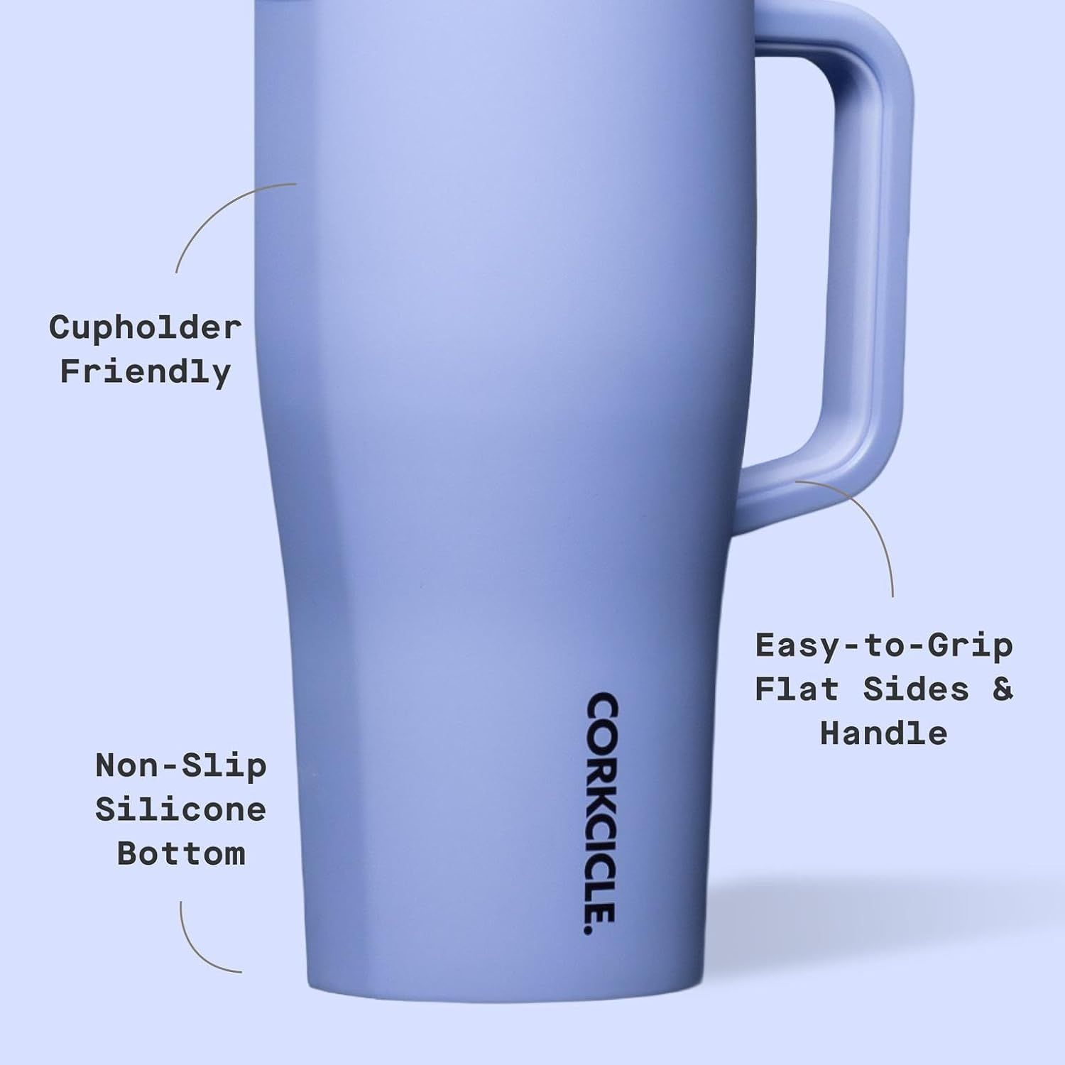 Corkcicle Cruiser - Insulated Tumbler with Handle - Keeps Drinks Cold 20 Hours - Spill-Proof Dual Lid - Triple-Insulated - Summer Drinkware Gift - Keeps Drinks Ice Cold - 22 oz - Periwinkle - Image 4
