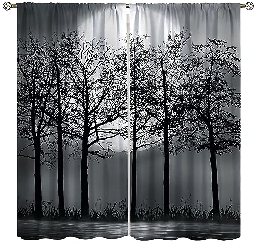 YCness Forest Curtains, Gothic Black Misty Forest Blackout Window Treatments for Living Room Bedroom Halloween Decor, Goth Foggy Mysterious Nature Full Moon Printed Drapes 2 Panel Sets,52x84 Inch