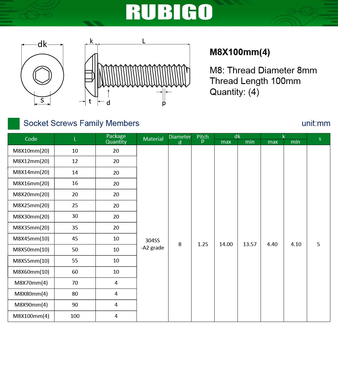 Rubigo M8 Bolts, M8 x 100mm Hex Socket Button Head Machine Bolts - Image 3