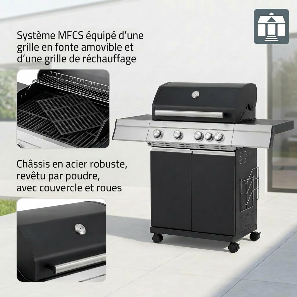 Tarrington House Barbecue à Gaz Paxton, 4 Brûleurs + 1 Latéral, Acier/Acier Inoxydable, 17 kW, Couvercle avec Thermomètre, Table latérale, Allumage électrique, Roulettes, Noir