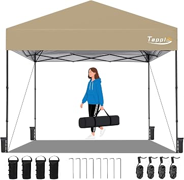 Tappio 10x10 Pop Up Canopy Tent, Instant Outdoor Shelter with 8 Stakes, 4 Ropes, 4 Sandbags and Carry Bag, Portable Patio Gazebo for Events Parties Camping Beach, Khaki