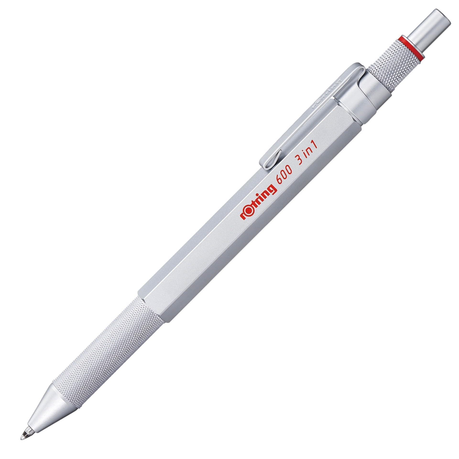 Rotring 600 3-in-1 Multicolour Pen and Mechanical Pencil 2 Ballpoint Pen Fine Point Tips (Black and Red Ink) 1 Mechanical Pencil Tip (0.5mm Lead) Silver Barrel, 2164109, 0.5