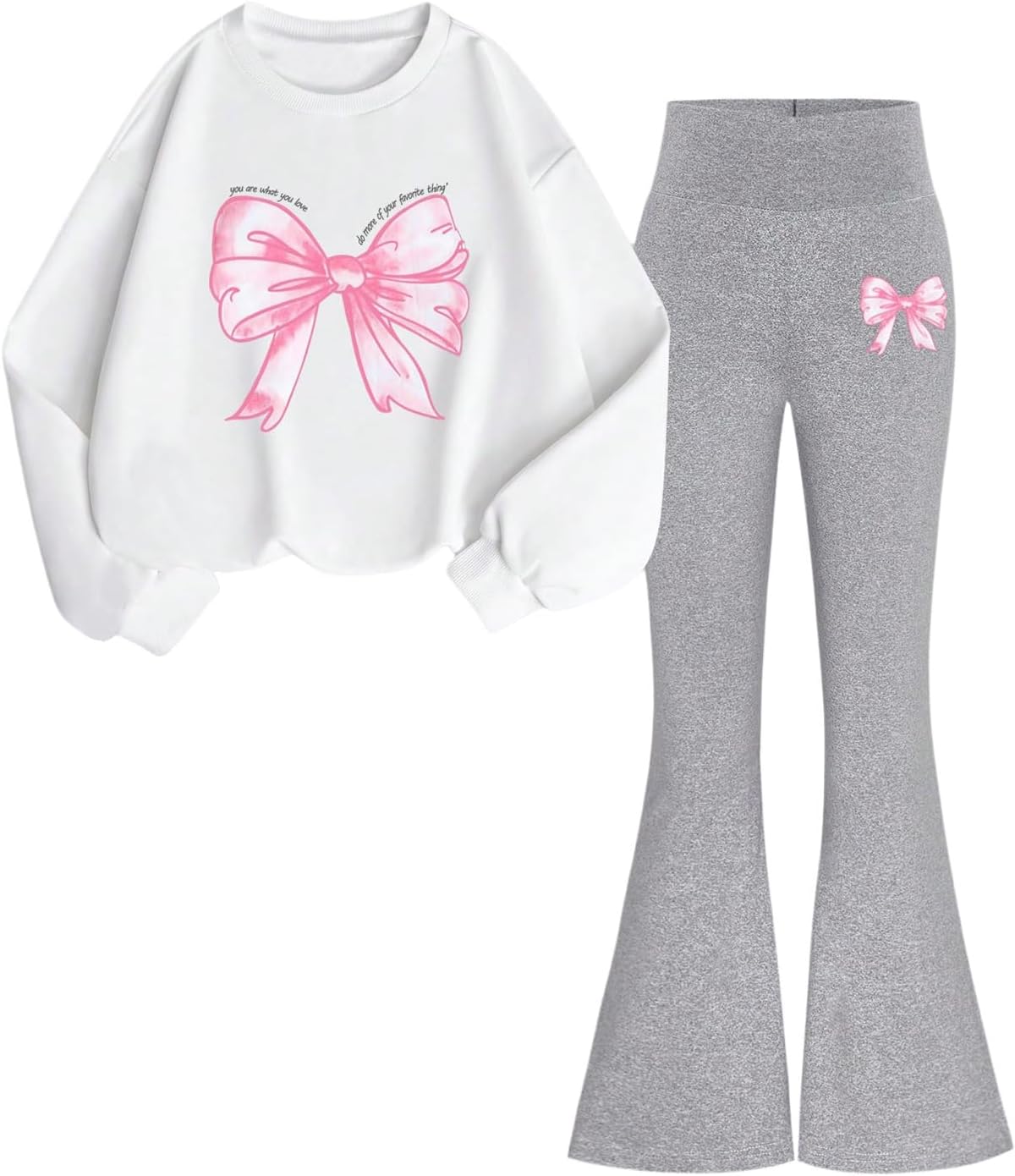 WDIRARA Girl's 2 Piece Set Bow Graphic Long Sleeve Sweatshirt Flare Pants Outfits