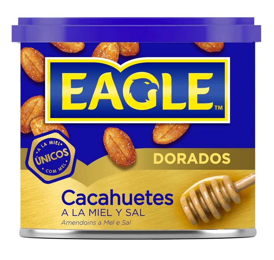 Eagle Cacahuetes a la Miel y Sal 250 g · Snack Dulce y Salado Sin Gluten · Cacahuetes Fritos con Miel a la Sal · Bote con Tapa de 250 Gramos Ideal para Compartir