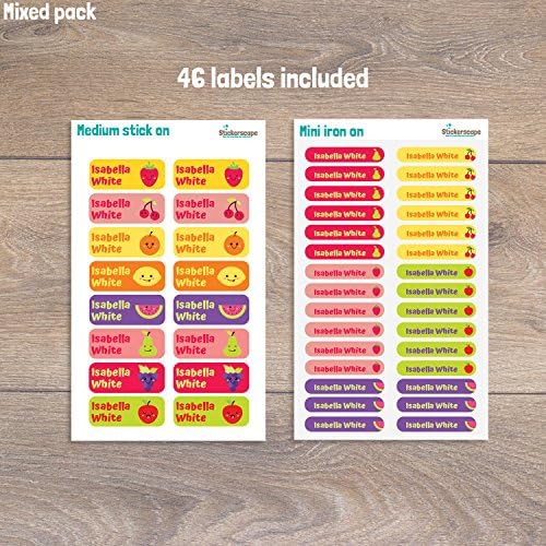 46 Name Labels for Children | Includes 16 Stick on Name Labels and 30 Iron on Labels for Clothes | Perfect for Clothes, Uniforms, lunchboxes, Water Bottles, Shoes and Much More (Fruit)