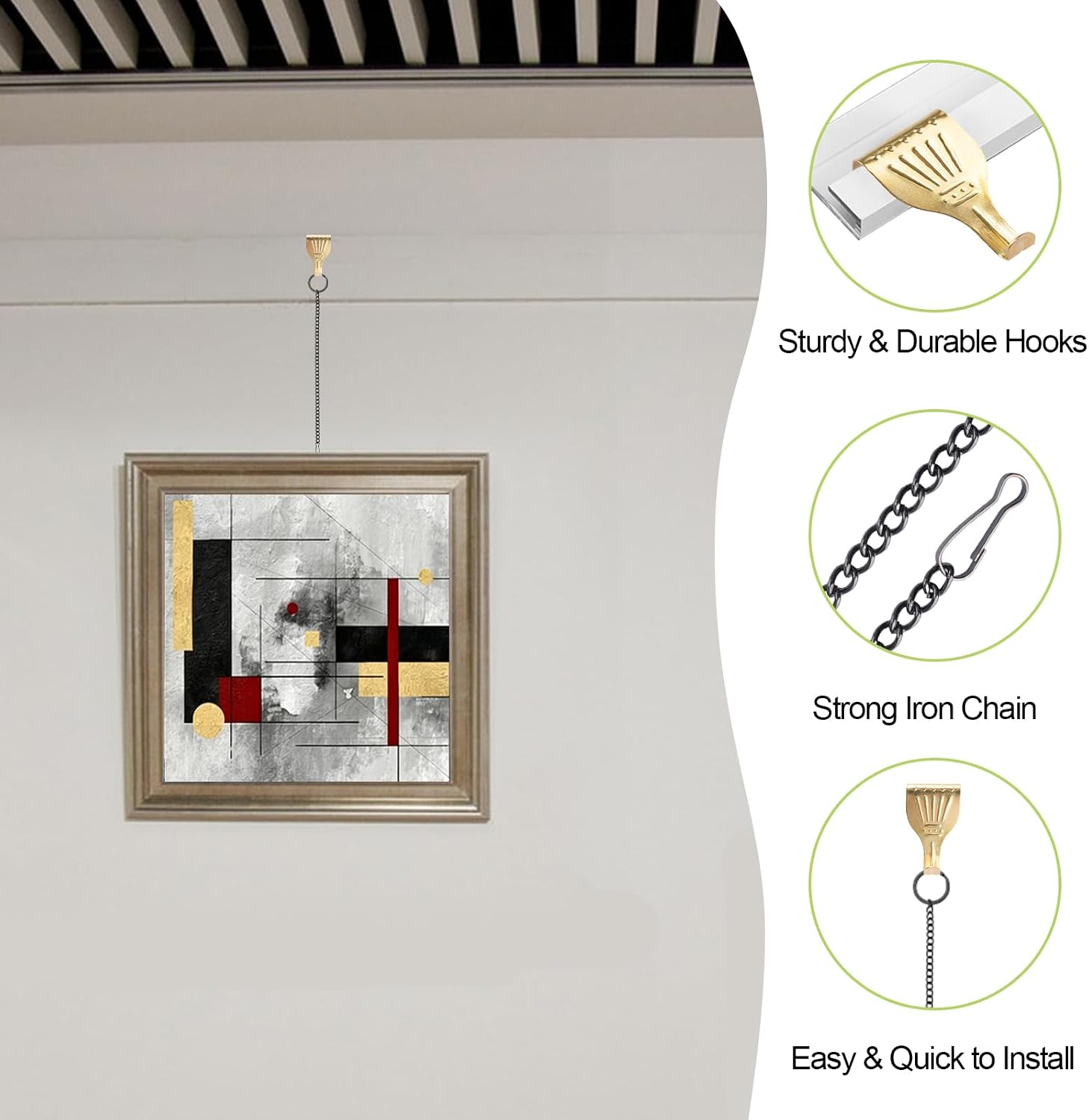 Picture Hanging Kit 10Pcs Picture Rail Hooks with 10Pcs Chains, Metal Rail Hanging Hooks Picture Display Hanging System for Wall Picture, Exhibition(Black+Gold)