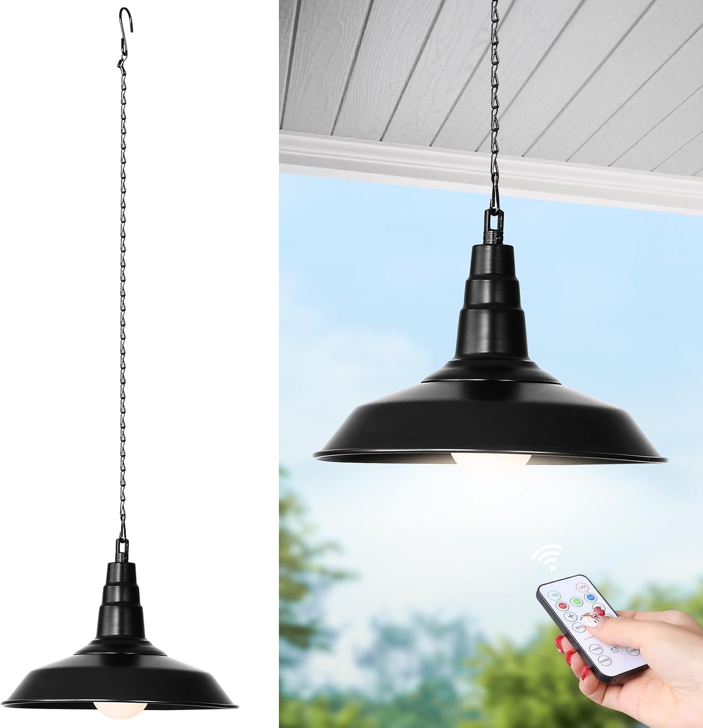 2 Pack Black Battery Operated Hanging Outdoor Chandelier, Rechargeable Portable Wireless Pendant Lights with Remote, Battery Powered Hanging Lamp Lantern for Indoor Outdoor Porch Patio Gazebo