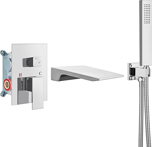 Airuida Grifo de bañera de montaje en pared cromado con rociador de ducha de mano boquilla de cascada con moderno grifo de llenado de bañera de una