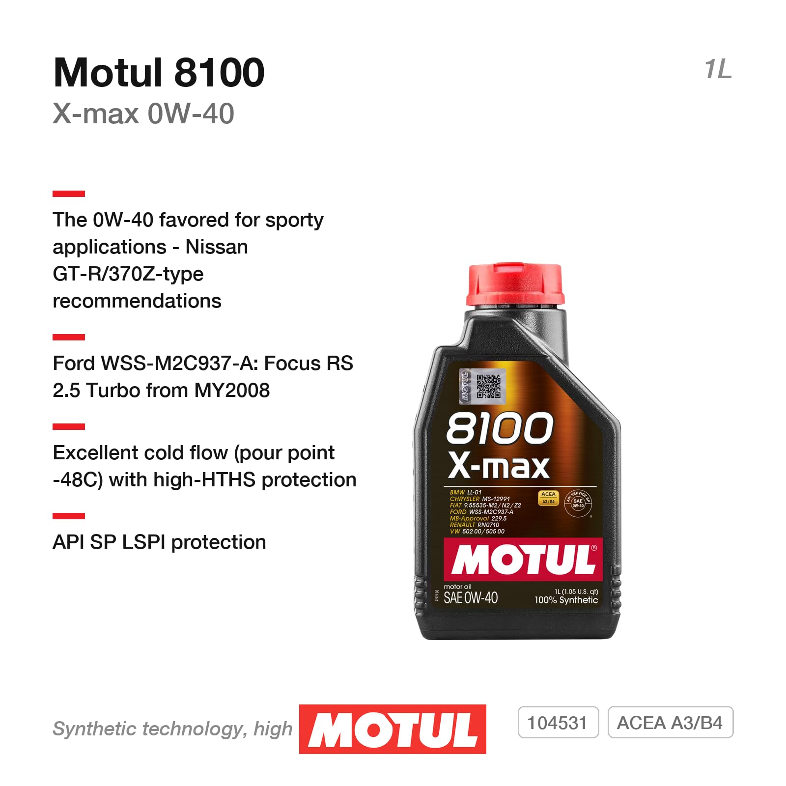 Amazon.com: Motul MTL104531 8100 0w40 x-Max Oil1 Liter, 1 Large, 1