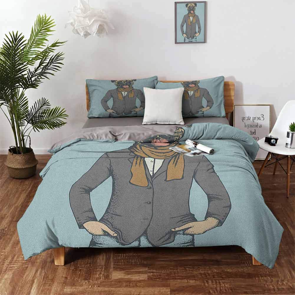 Pug Duvet Cover Set, Abstract Image of a Dog with Human Proportions with Jacket Scarf and Jeans Absurd Comforter Cover and 2 Pillow Shams Soft Comfy Breathable - Twin 68"x90" Taupe Brown Blue