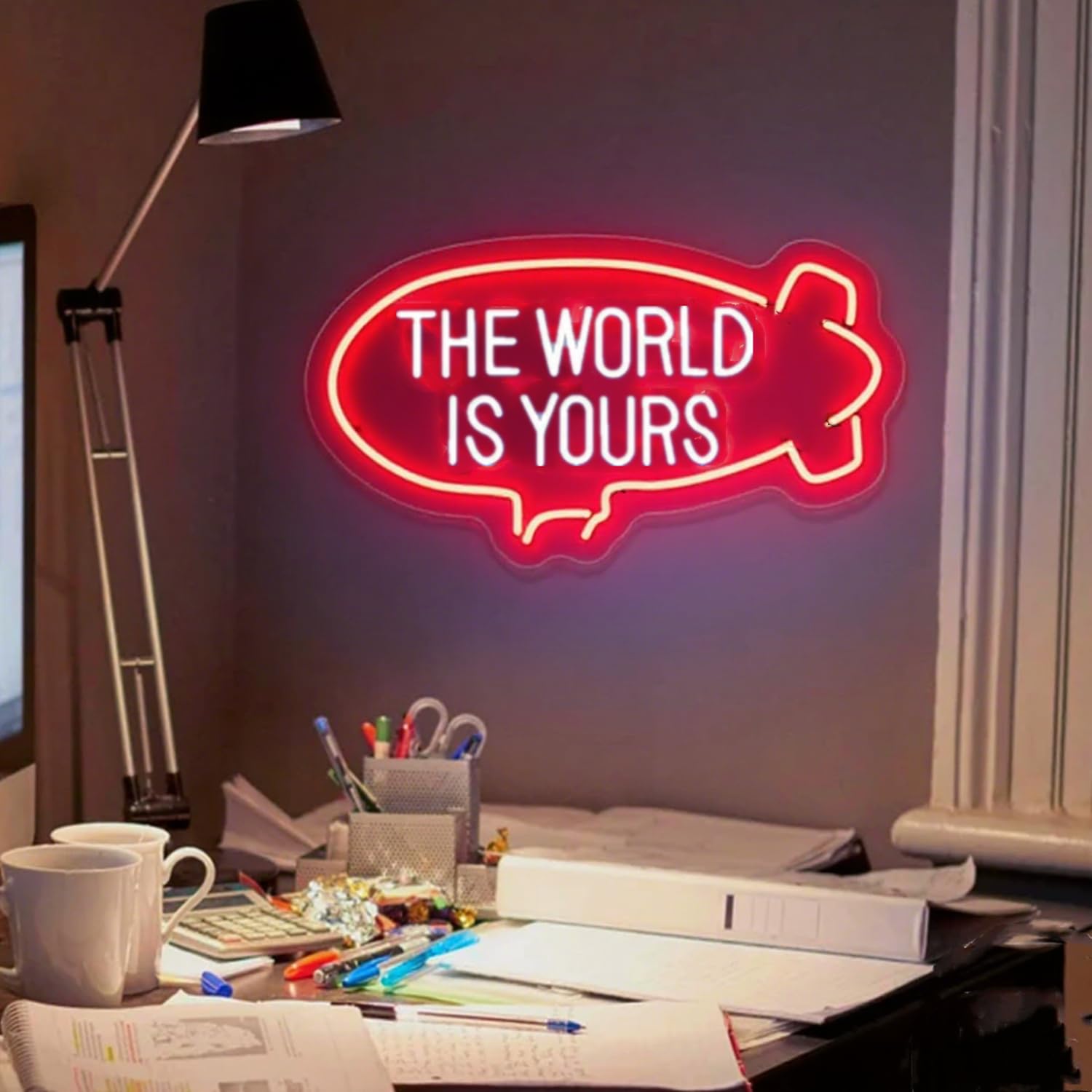 HFHungkeong The World Is Yours Neon Lights Sign Dimmable Led Neon Sign USB Powered Wall Art Lamp Aesthetic Decor for Living Room,Bedroom,Office,Birthday,Wedding