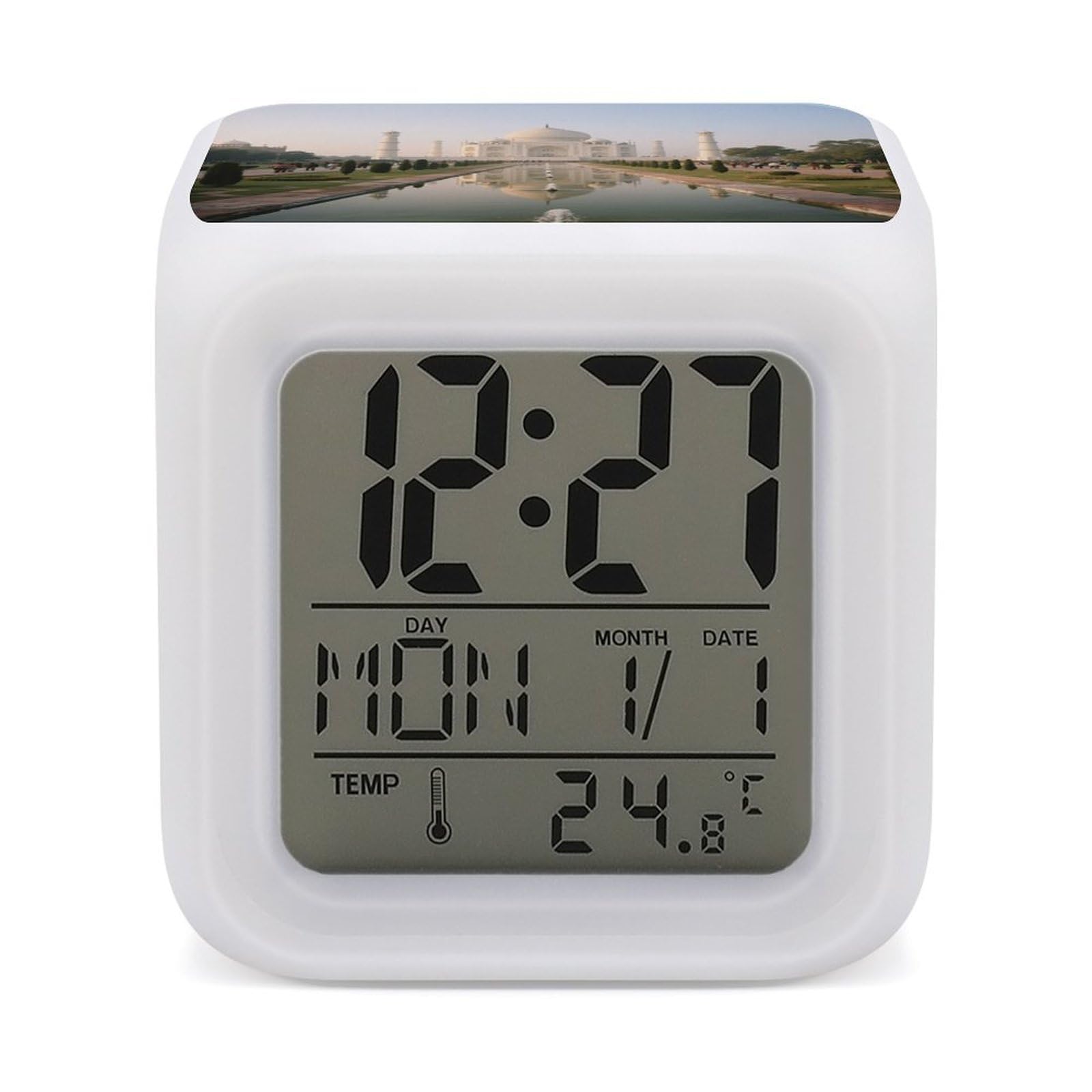Reloj despertador digital LED con calendario de repetición y temperatura Taj Mahal a pilas