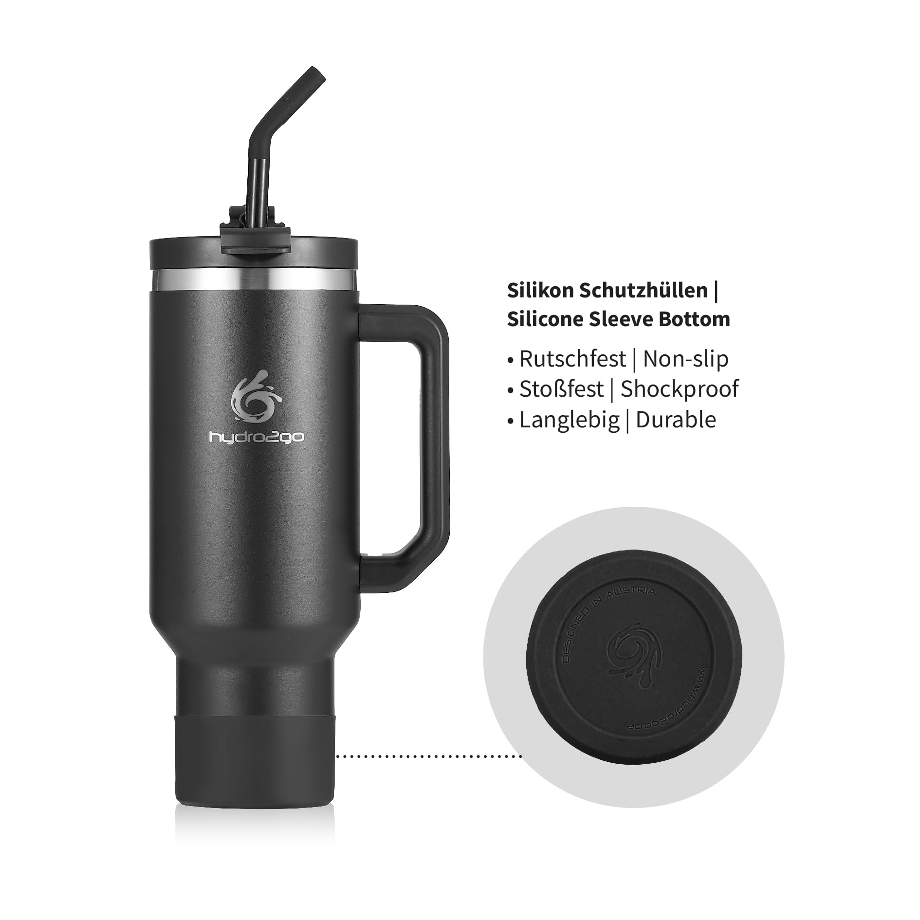 Thermobecher 1180ml mit Namensgravur – Personalisierter 40oz Edelstahlbecher mit Henkel, Deckel & Strohhalm – Hält 10h heiß & 12h kalt, BPA-frei, auslaufsicher (Black + Gravur)