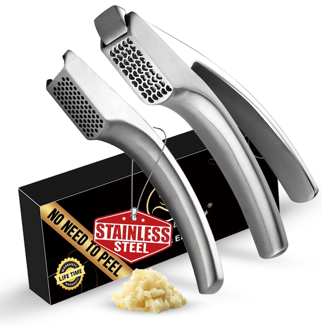 No Peeling Required Garlic Press Stainless Steel with Two Detachable Handles for Coarse&Fine Mincing-Premium Garlic Mincer Tool, Easy to Clean, Dishwasher Safe Garlic Crusher with Lifetime Replacement