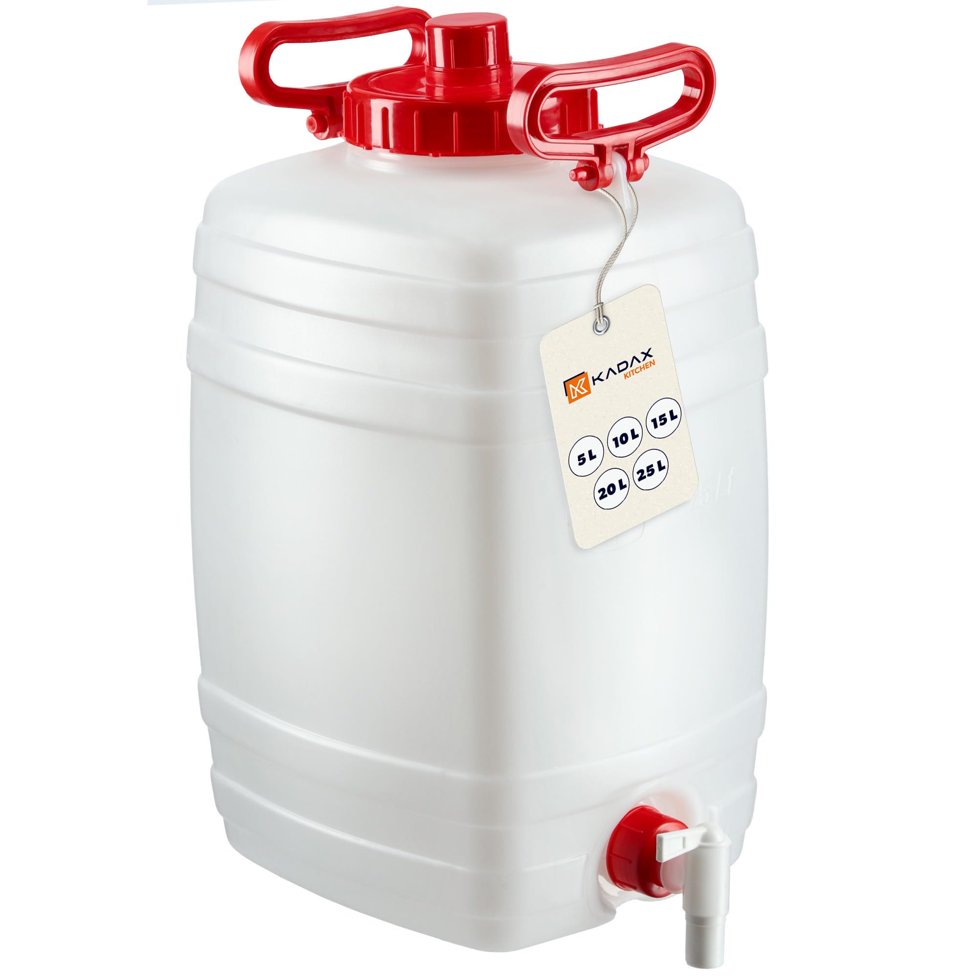 KADAX Bidón de agua, barril para bebidas de plástico, bidón de agua potable, depósito de agua con grifo, recipiente de agua, bidón para bebidas con junta de goma (25 L, blanco)