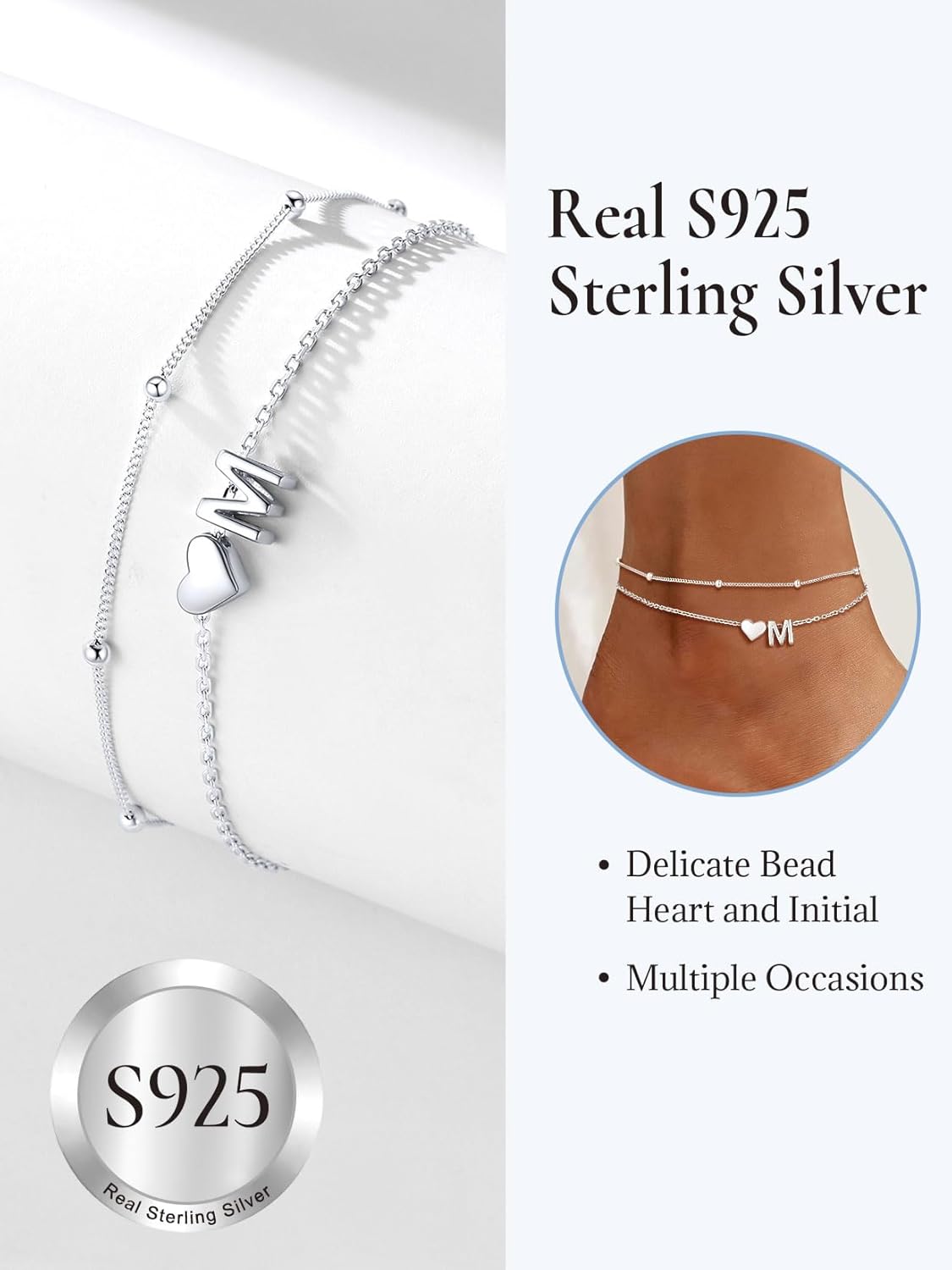 SILVERCUTE Silver Anklets for Women, Waterproof Initial Heart Ankle Bracelets Sterling Silver, Adjustable Layered Foot Jewelry Summer Beach Fashion with Personalized Name Design, Gift Package - Image 6