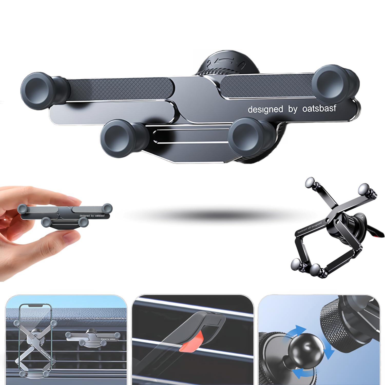 Invisible Rotatable Air Vent Mount Car Phone Holder, 360° Rotatable Car Phone Holder, Universal Rotatable & Retractable Car Phone Holder for Car Dashboard & Air Vent (Air Outlet Version - Grey)