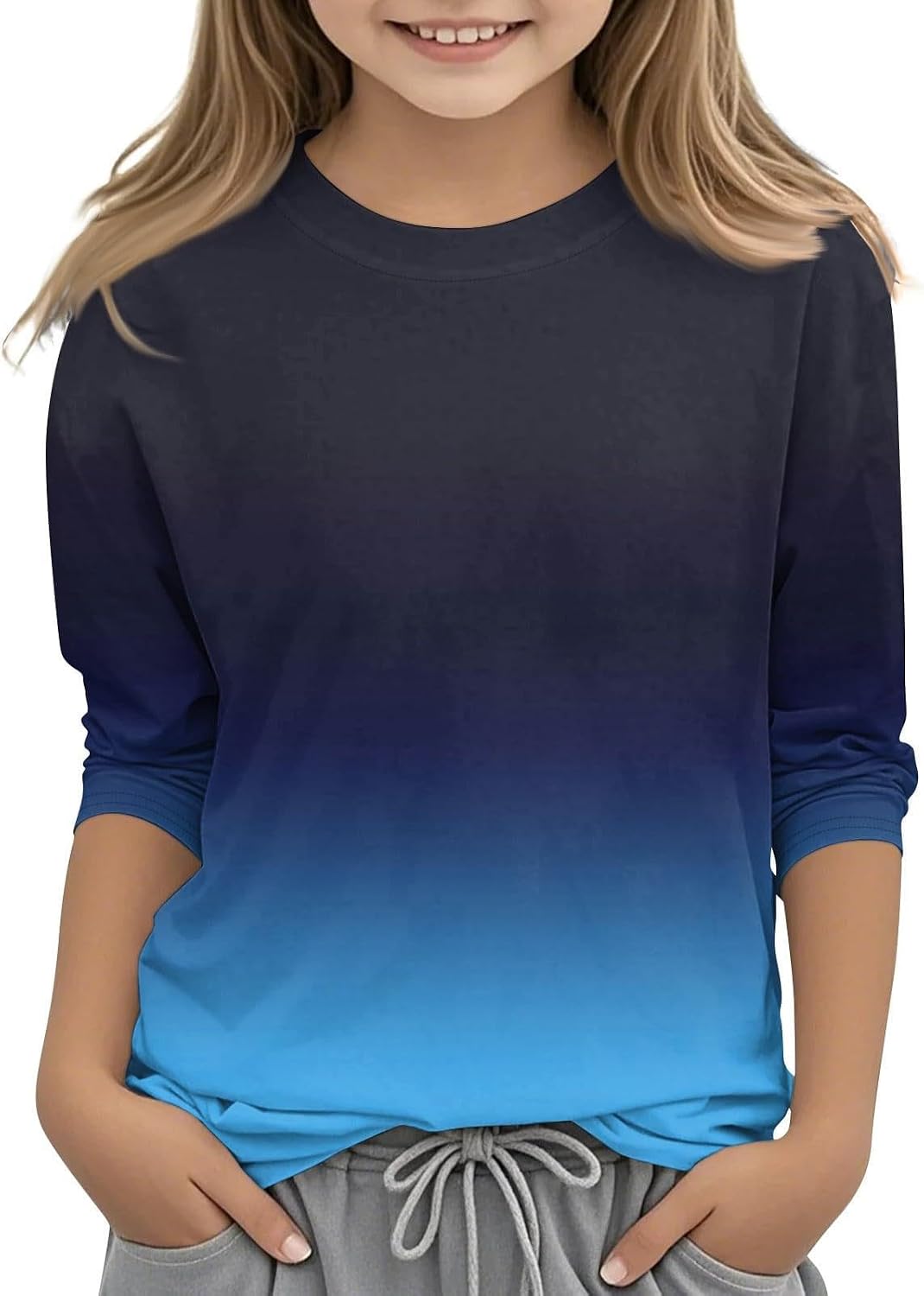 Kids Gradient Print Long Sleeve Shirt Soft Stretch Crewneck Pullover Top for Boys Girls, Casual Three-Quarter Sleeve Tee