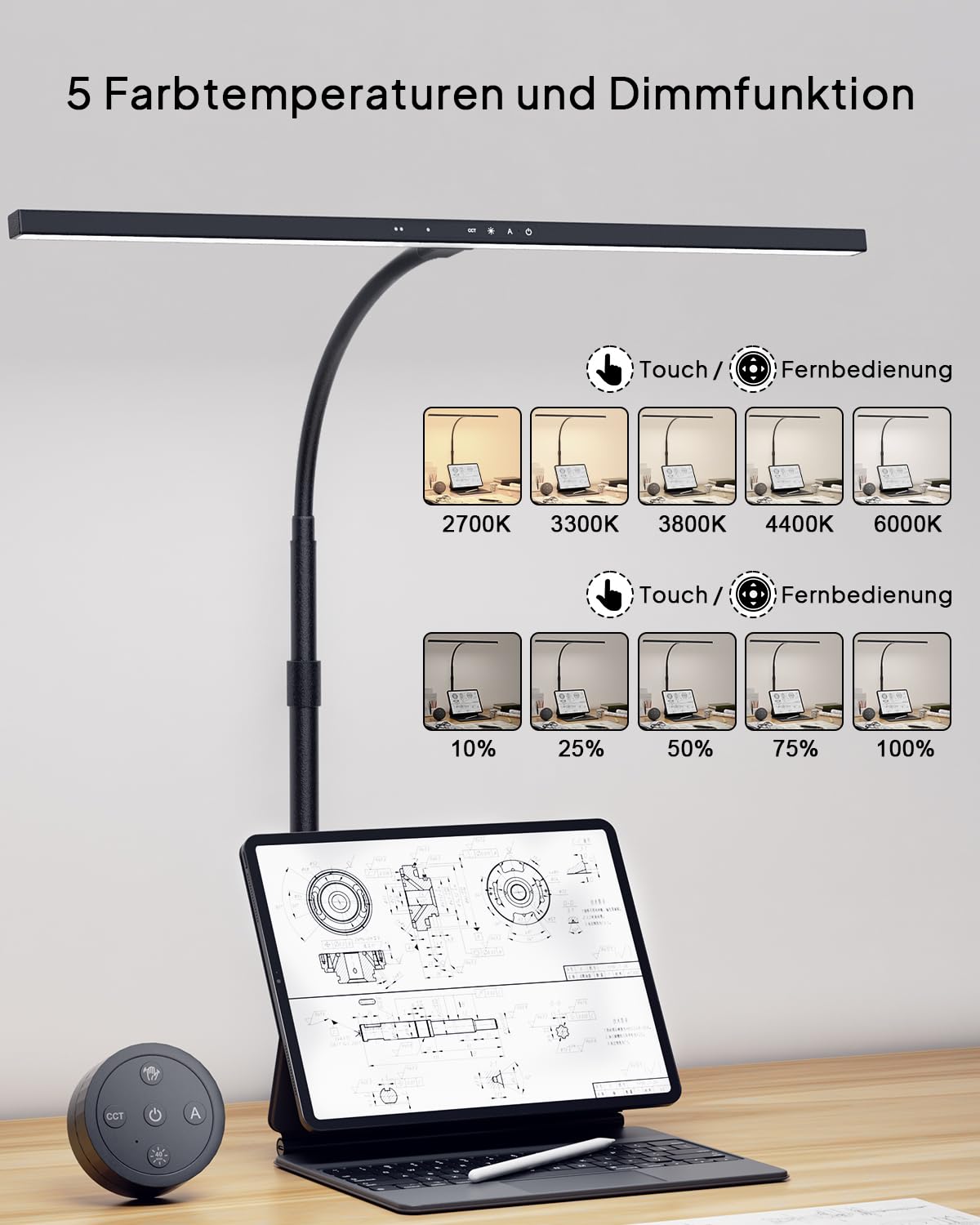 KableRika 24W Lampada da scrivania a LED per ufficio, lampada da scrivania con morsetto, telecomando e sensore gestuale, luce da scrivania di design dimmerabile, lo studio e l'illuminazione di casa