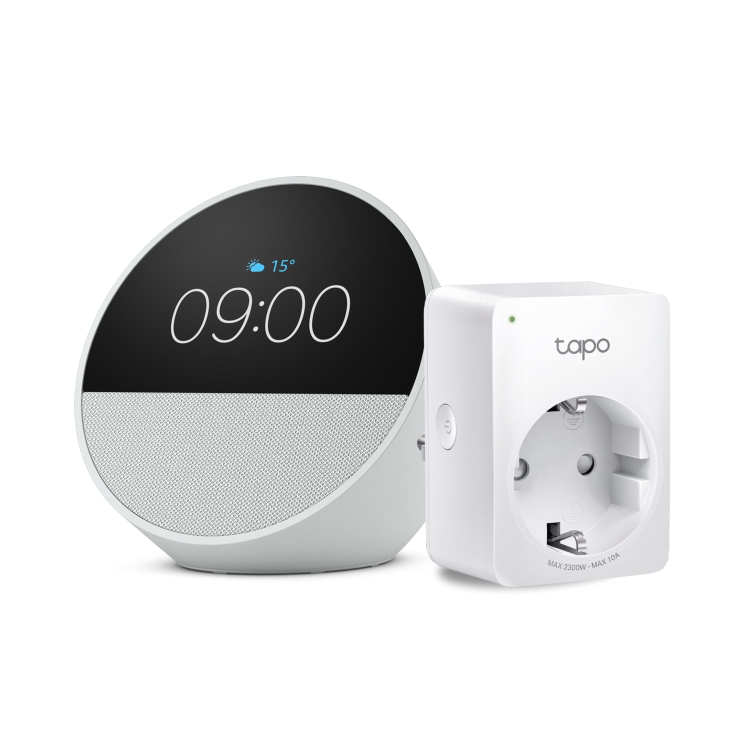 Echo Spot | Blanco + Tapo P100MA - Matter Mini Enchufe Inteligente, compatible con Alexa - Kit de inicio de Hogar digital