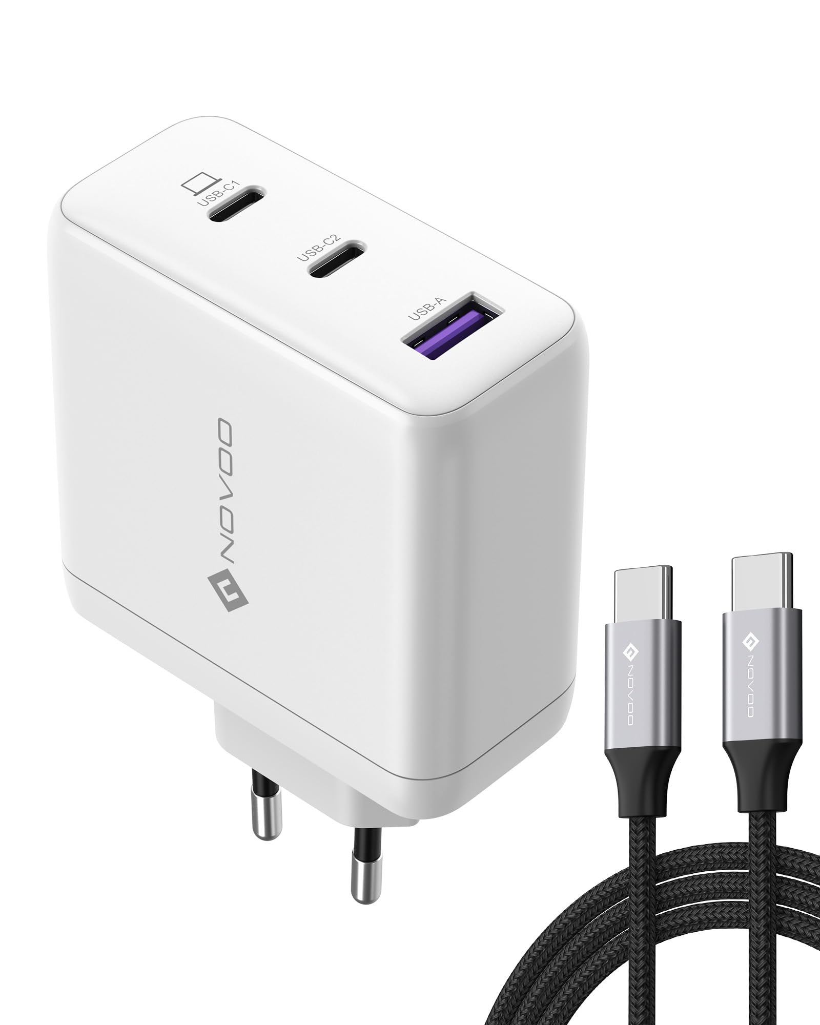 NOVOO Caricabatterie USB C 120W 1M cavi PD 100W Type-C Caricatore PPS GaN III 3 porte Bianco