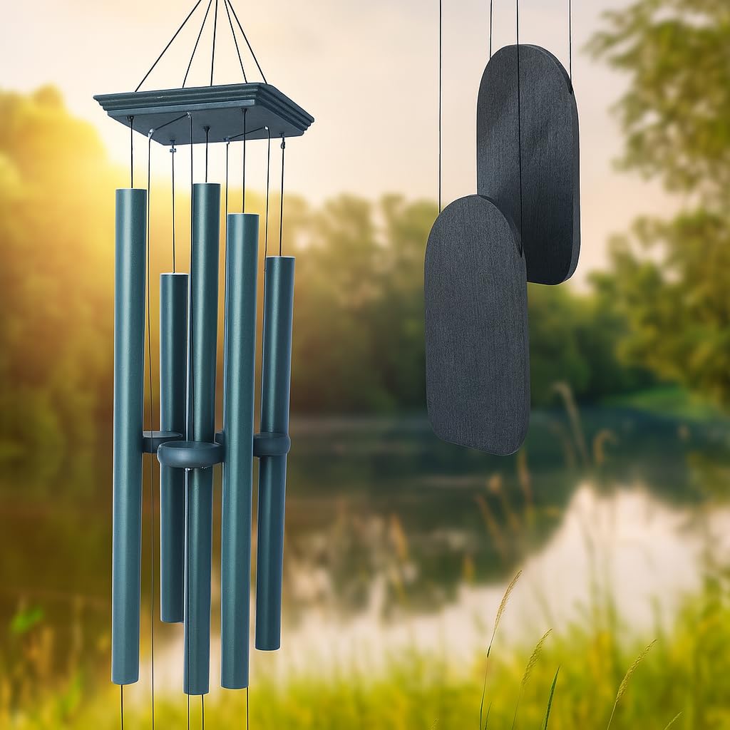 Paradigm Pictures 45 inch Big Wind Chimes for Home Balcony Positive Energy- Positive Energy Items (Black 5 Pipe Wind Chime) (Army Green Wood)