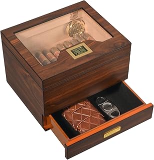 Cigar Humidor Cigar Box, Luxury Glass Top Cigar Case Made from Solid Spanish Cedar Wood, Handcraft Cigar Kits with Travel Humidor, Cigar Cutter, Hollow Tray, Humidifier, Hygrometer, Drawer