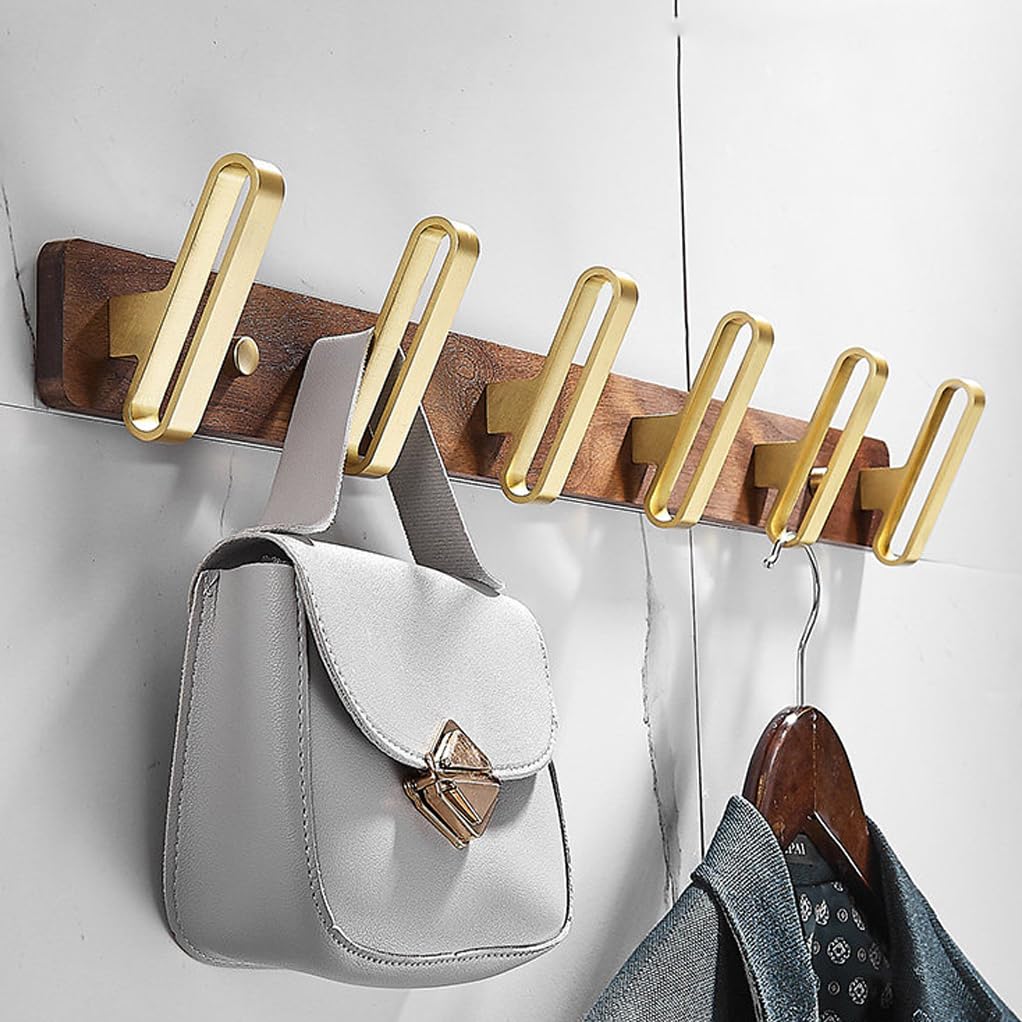 QPKZ Walnut Wood Coat Rack Wall Mount, Metal Woodden Wall Hooks Entryway Hanging Rack Coat Hooks Rail Clothes Towel Racks with Gold Hook for Coat, Bag, Towel, Key, Hat, Umbrella 6hook