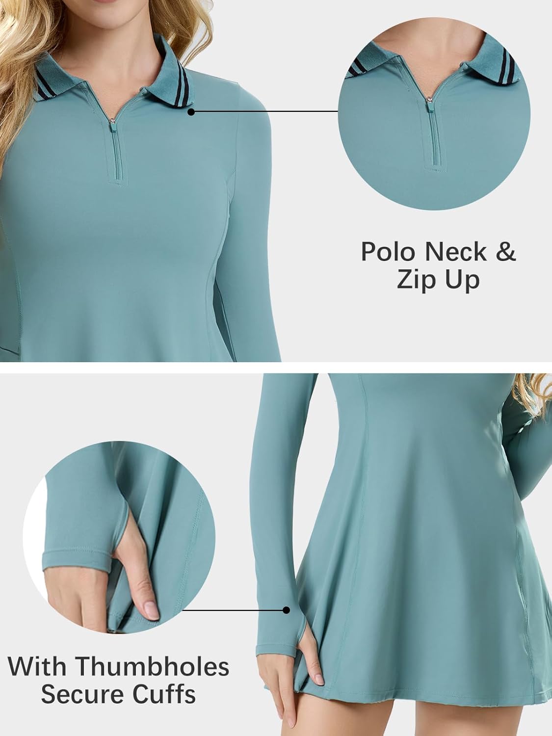 ECUPPER Womens Long Sleeve Tennis Dress Workout Athletic Golf Dresses Polo Outfits with Shorts & Thumbholes - Image 4