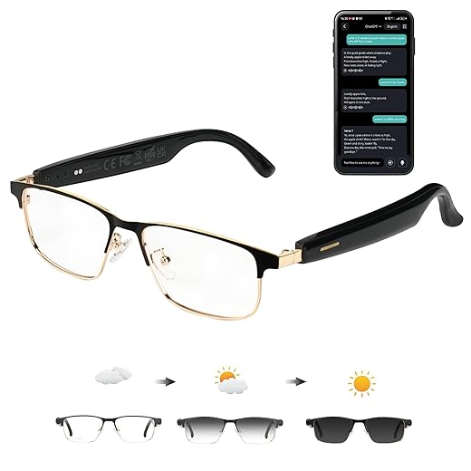 Ai Translation Smart Glasses with Chat GPT & Deepspeek Bluetooth Glasses for Men Women with 164+ Language & Accents, Translation Glasses Color-Change Lens, Open Ear Lighweight Eyeware