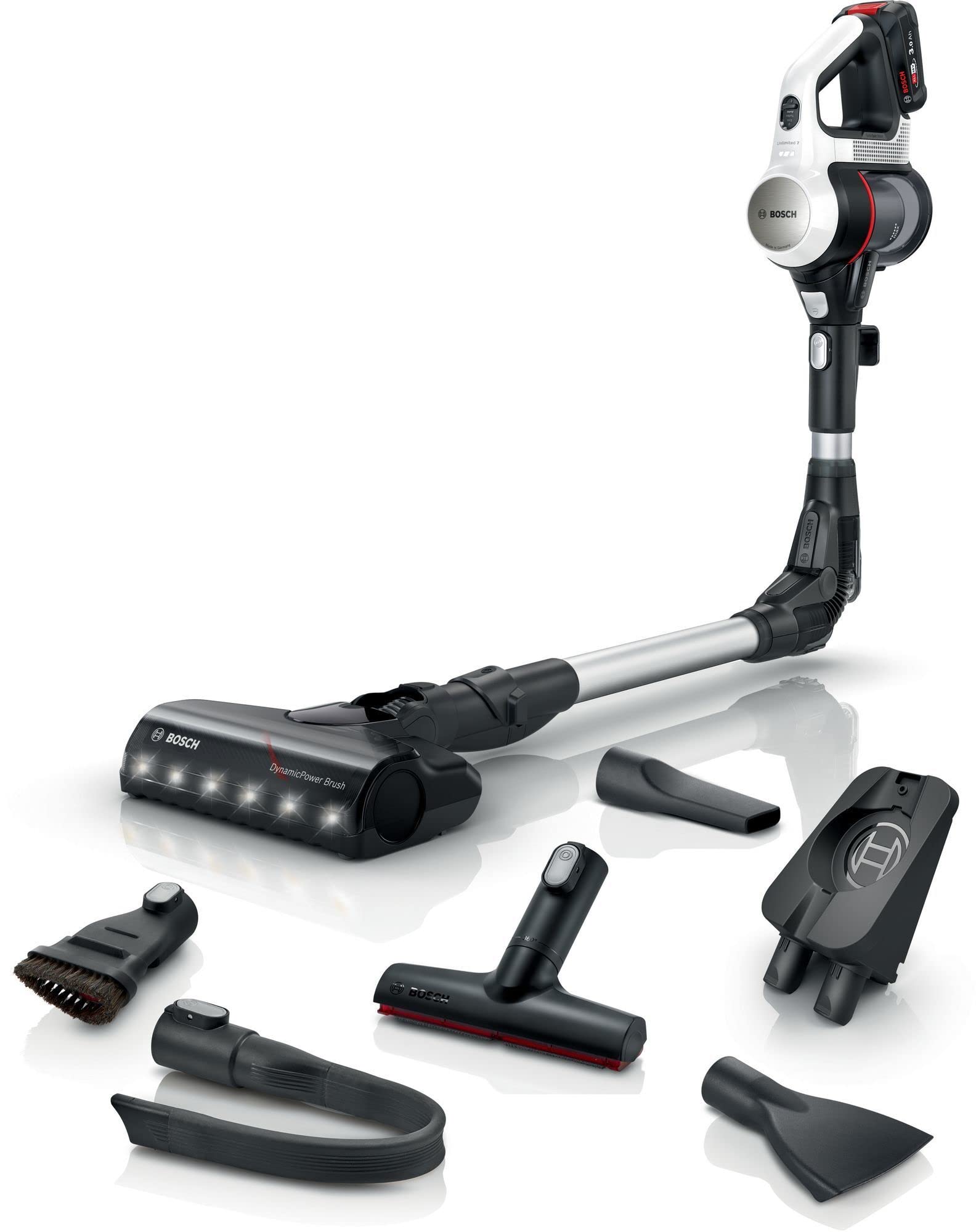 Bosch Unlimited 7 BSS711W - Aspiradora inalámbrica de Mano sin Bolsa, batería de Repuesto, Tubo de doblado, Filtro higiénico, 10 años de garantía del Motor, Boquilla XXL para tapicería, iluminación