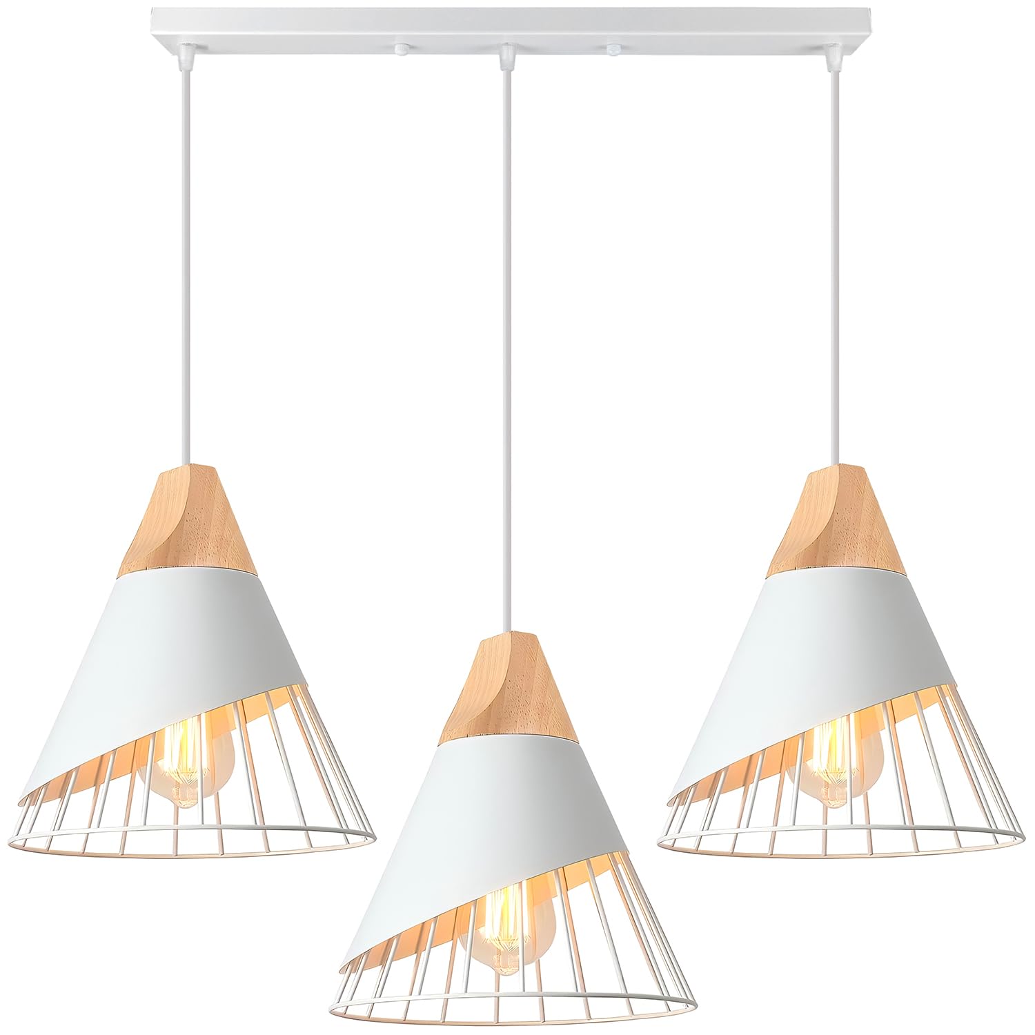 3 Luces Lámpara Colgante Retro, 25CM Lámpara de Techo Industrial Interior Luz Colgante Creativa con Madera Vintage Iluminación E27 para Cocina Comedor Dormitorio (Blanco, Araña Tipo B)