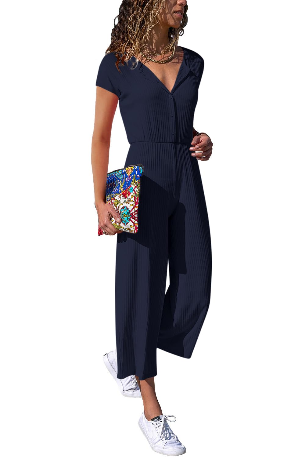 Cassiecy Jumpsuit Women's Elegant Short Sleeve Playsuit V-Neck Casual Loose Overalls Long Romper