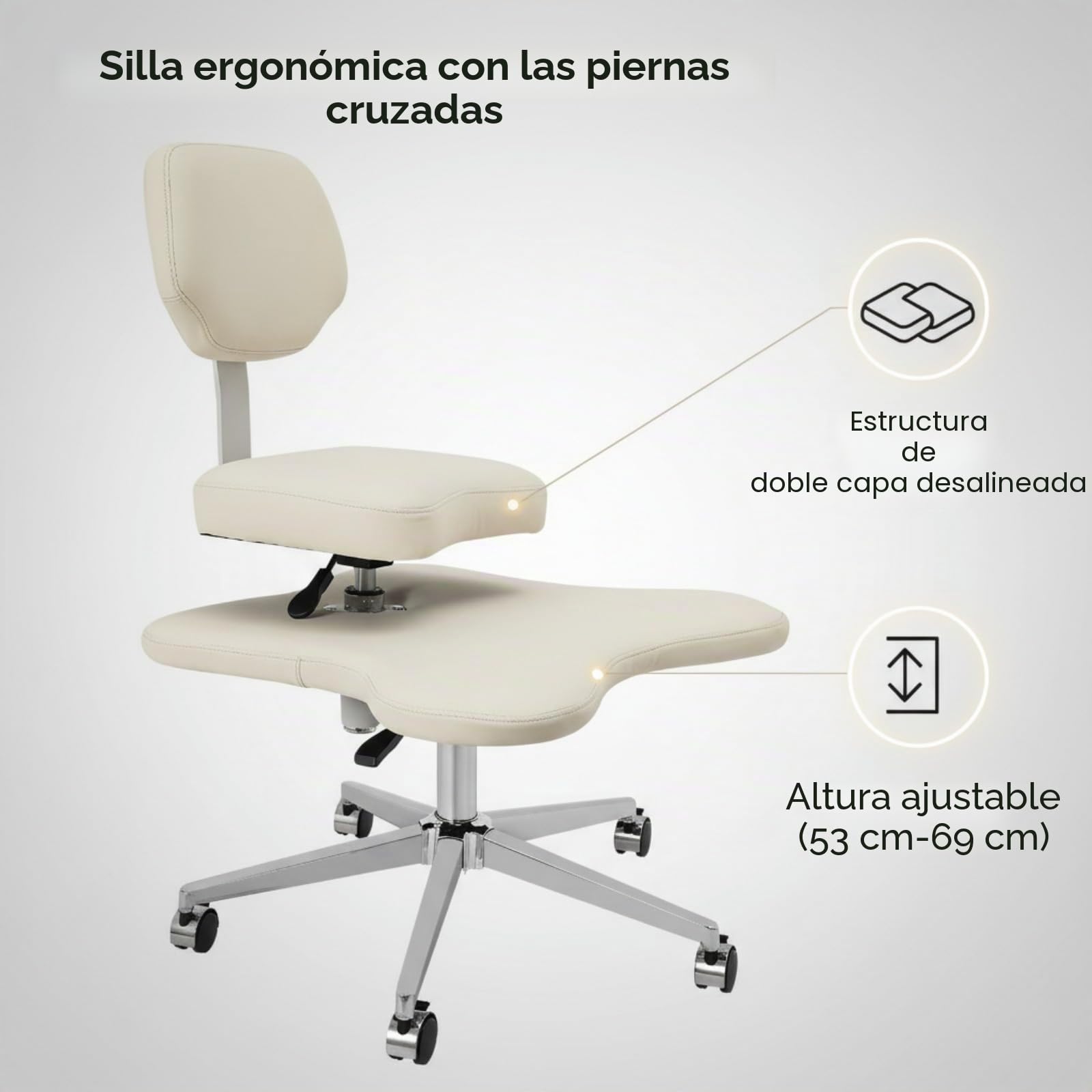 Silla de meditación de oficina con 5 ruedas, patas cruzadas, capacidad de carga de 130 kg, altura ajustable, ergonómica, para oficina, hogar, color blanco