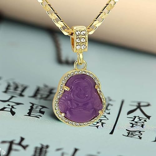 Miniatura 6 de Colgante de Buda sonriente de la suerte chapado en oro de 14 quilates, color rosa, morado, verde, azul, en cadena cubana, 0.197 in, 24 pulgadas,