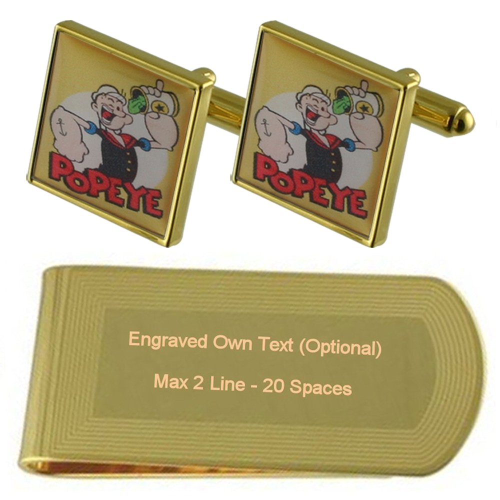 Gemelos de Popeye color oro y pinza de billetes grabada en estuche para regalo de hombre 5