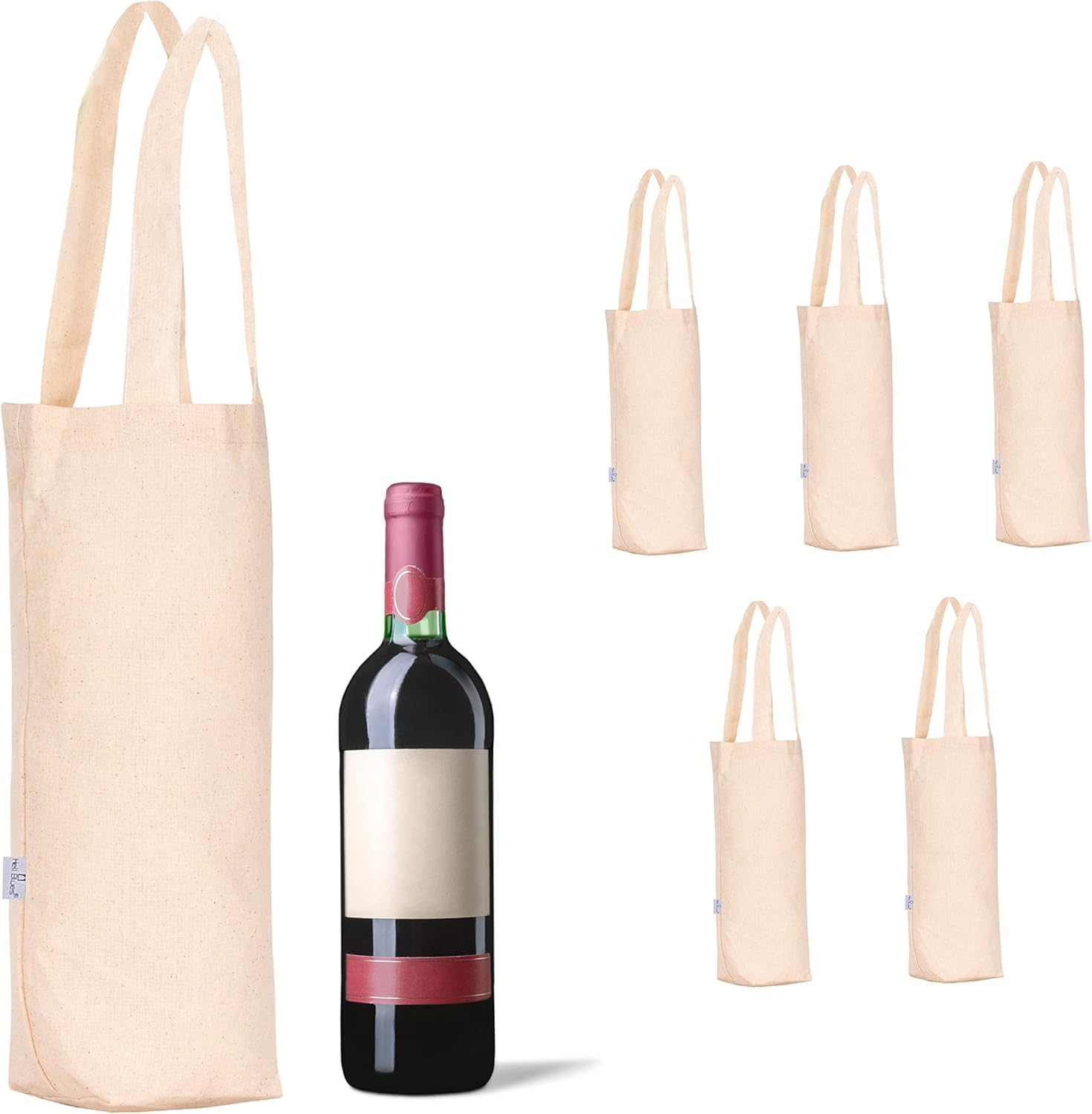 Hell Blues 6-Pack Canvas Wine Carrying Bags with Handles, 100% Cotton Totes Blank Bottle Gift Tote Washable Wine Carrier (13" x 6.5" x 3")