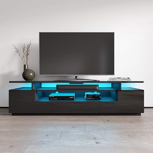 Meble Furniture & Rugs Eva 77" Modern High Gloss TV Stand with 16 Color LEDs (Black)