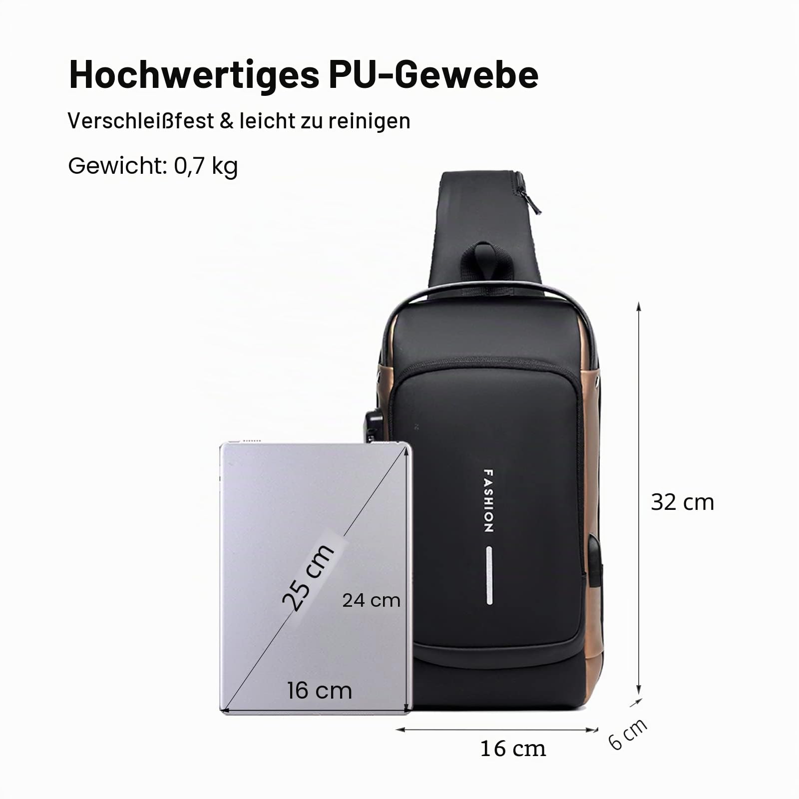 FANDARE 2026 Neue Brusttasche Sling Bag Geschäft Schultertasche mit USB Passwortschutz Crossbody Bag Umhängetasche Wasserdicht für Reisen Wandern mehrere Taschen Sling Daypacks Schwarz Braun
