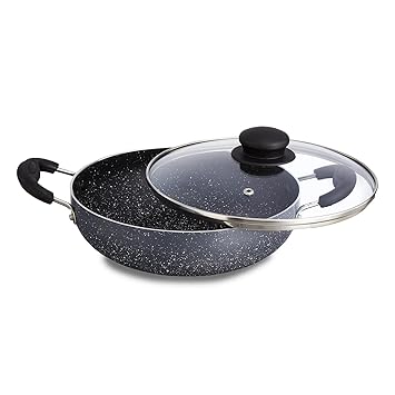 Amazon Brand - Solimo Non-Stick Kadai with Glass Lid | Granite Finish | Induction Base | PFOA Free | High Temperature Resistant Exterior Coating | 22 cm | Grey - image, photos