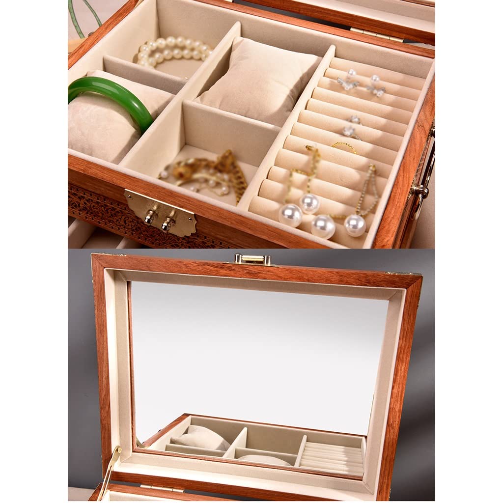 Schmuckschatulle aus Rosenholz, Mahagoni, Kosmetikaufbewahrung, Massivholz und großer Organizer