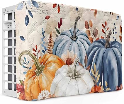 Thanksgiving Fall Indoor Air Conditioner Covers, Orange Blue Pumpkin Window AC Unit Cover with Drawstring Double Insulation, Eucalyptus Leaves Waterproof Air Conditioner Covers for Inside 25Lx18Hx3.5D
