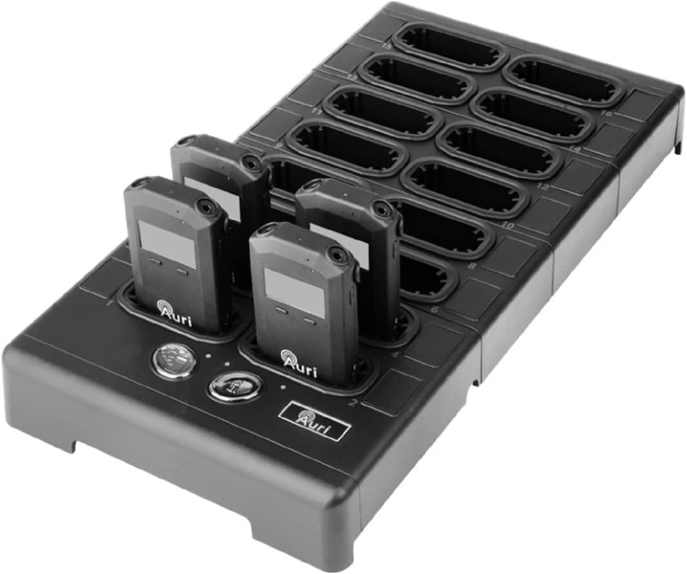 Listen Technologies AURI-D16-01 Auri Docking Station 16; Black with Chrome Buttons; Network Capability; Receiver Configuration Storage; Centralized Programming and Configuration; IP20