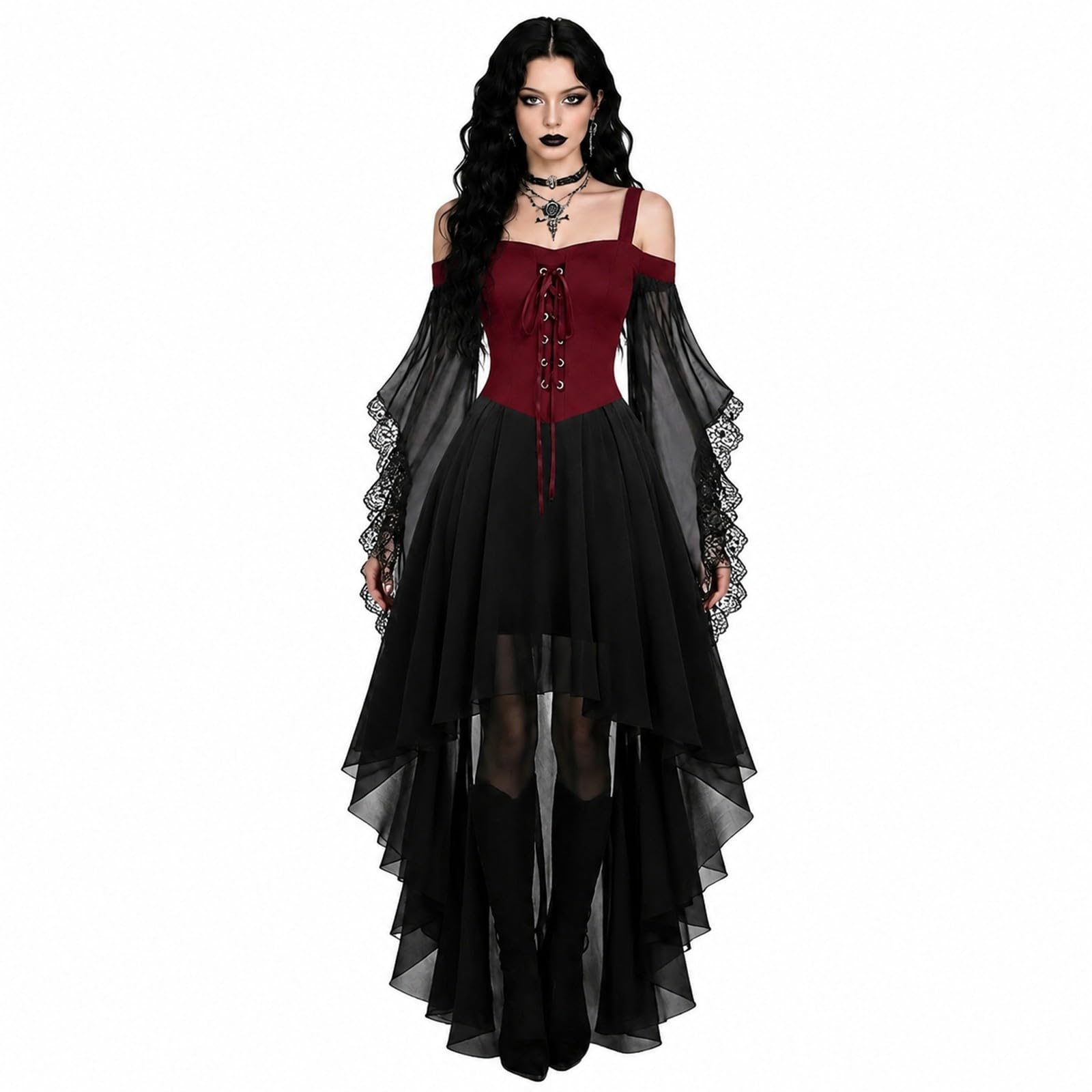 Halloween Costumes for Women Gothic Dress Vintage Steampunk Lace Up Corset Medieval Renaissance Dress Batwing Sleeve Fancy Victorian Witch Costume Elegant Cocktail Boho A-line Chiffon Maxi Dresses
