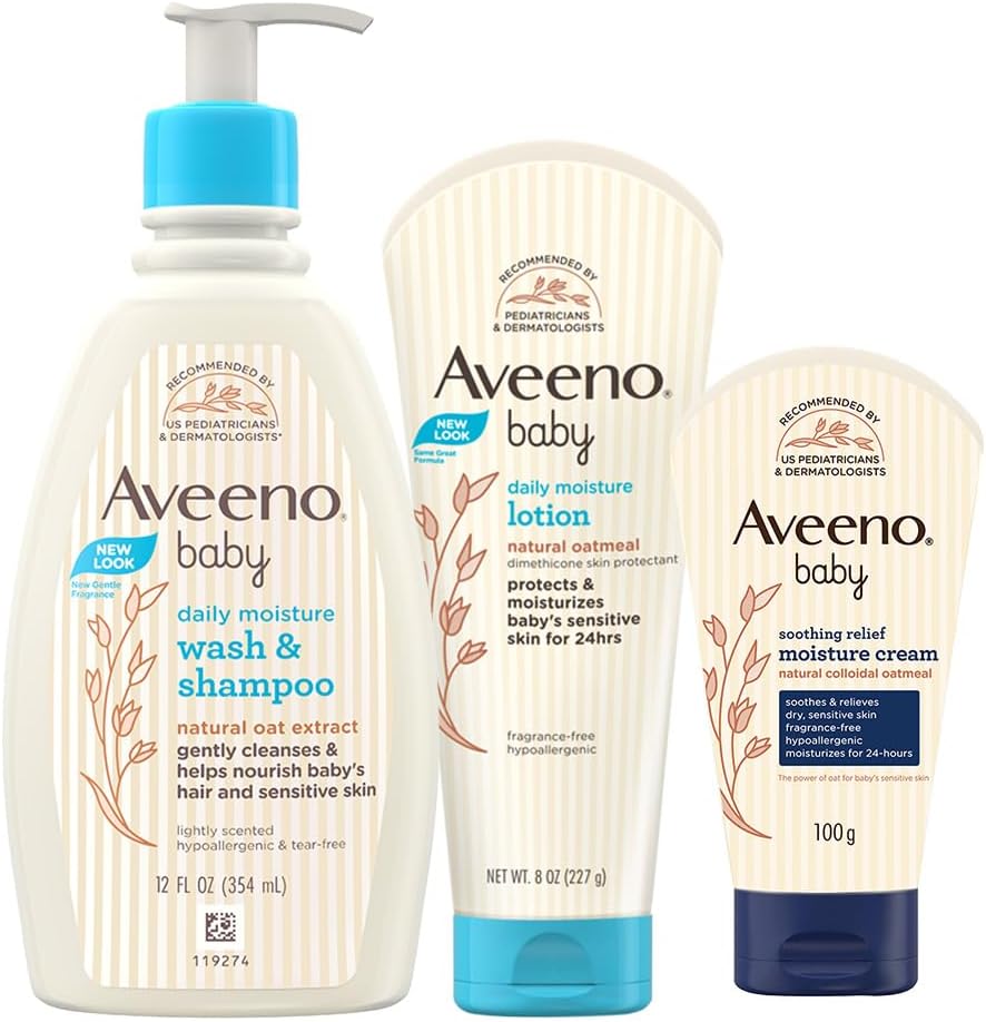 Combo Pack: Aveeno Baby Daily Moisturizing Wash & Shampoo (354ml) + Daily Moisture Lotion (227g) + Soothing Relief Moisture Cream 100g | With natural oat extract | Hypoallergenic, pediatrician recommended | pH balanced formulation with no added parabens and pthalates