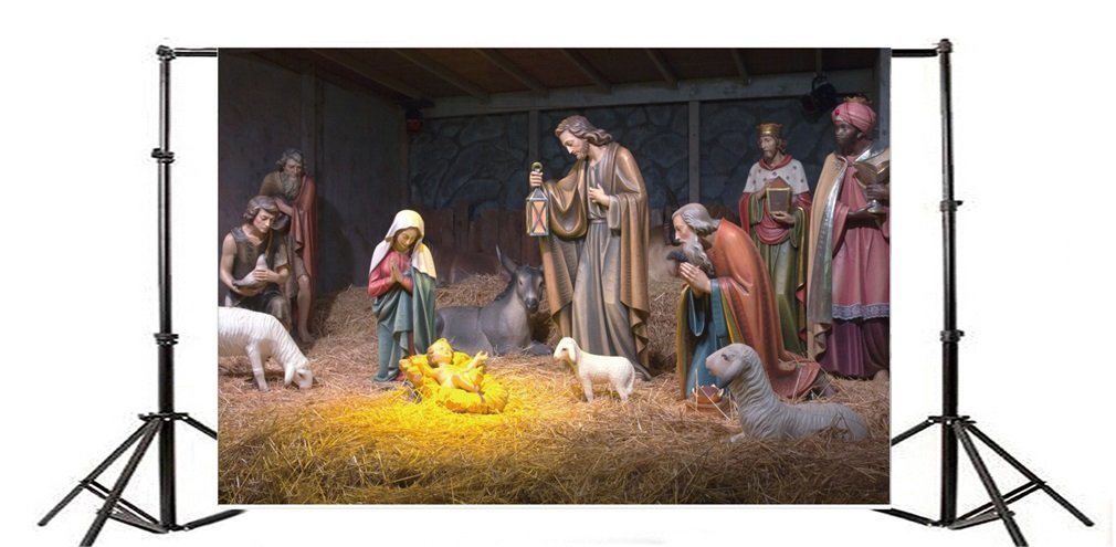 YongFoto 3x2m Photography Backdrop Birth of Jesus Shepherd Christmas White Sheep Straw Cow Culture Historic Wallpaper Photo Background Backdrops Photography Video Party Wedding Photo Studio Props - Image 3