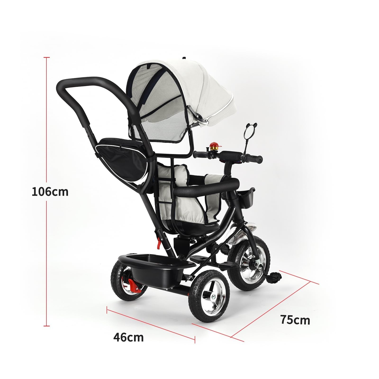 Supfine Triciclo de bebé escalable, triciclo evolutivo 4en1,triciclo infantil de 9 meses hasta 25 kg, con varilla de empuje ajustable en altura, asiento giratorio delantero y trasero, plegable (gris)