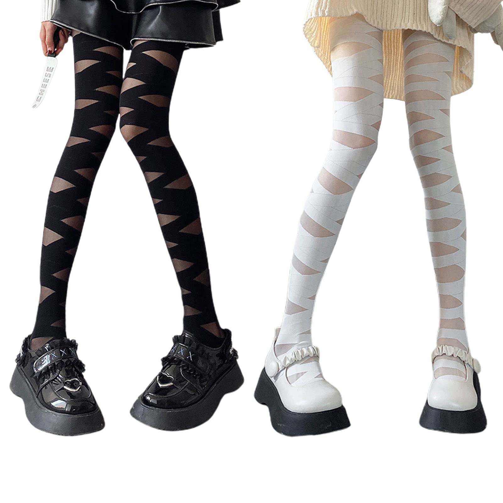 OFFILICIOUS Medias huecas de alta elasticidad, ajustadas, vendaje entrecruzado, piñas, calcetines negros, medias penetrantes en la piel para mujer